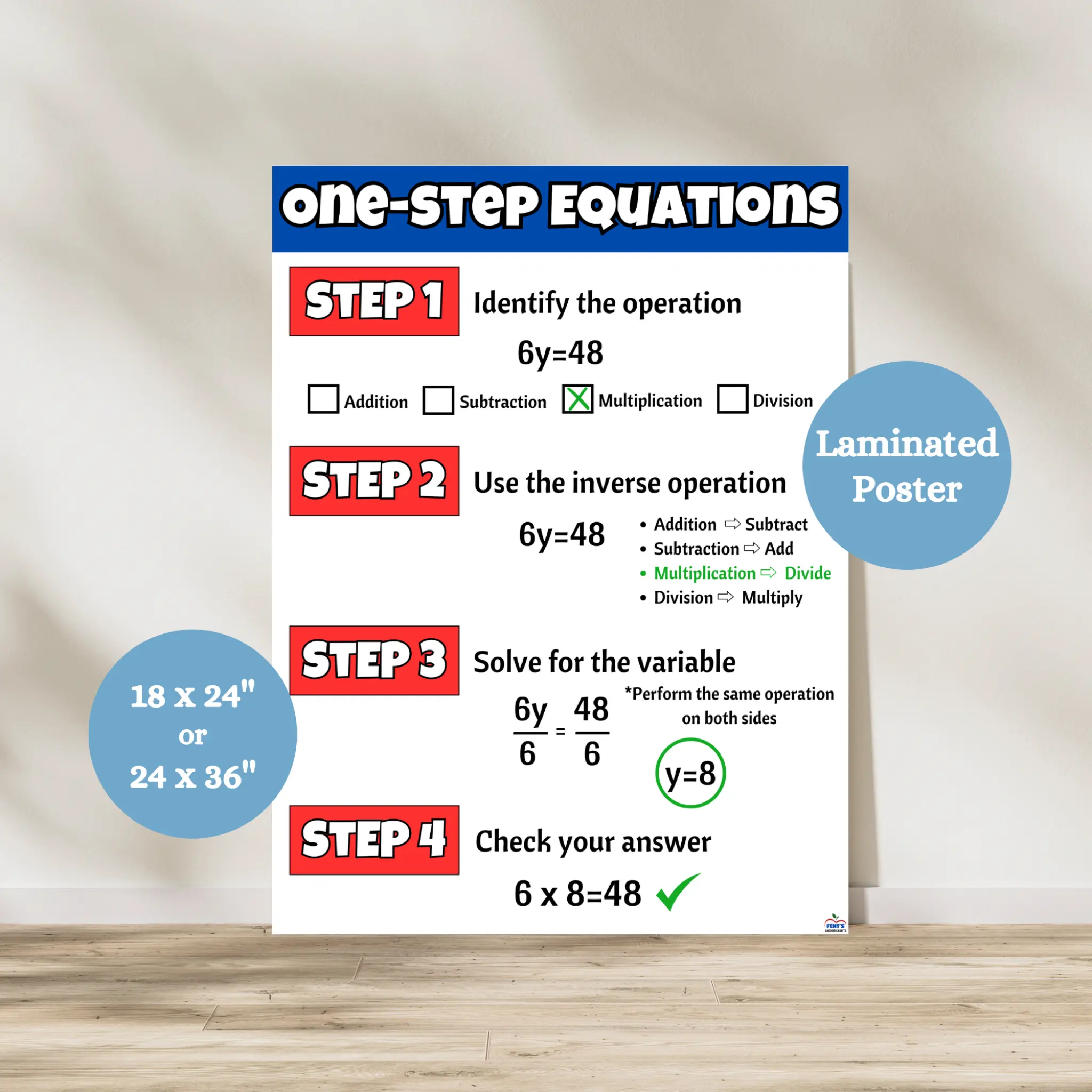 Solving One-Step Equations Anchor Chart | Laminated Math Equations Poster | Teaching Equations | Math Classroom Decor | Laminated Math Posters for Middle School