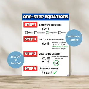 Solving One-Step Equations Anchor Chart | Laminated Math Equations Poster | Teaching Equations | Math Classroom Decor | Laminated Math Posters for Middle School