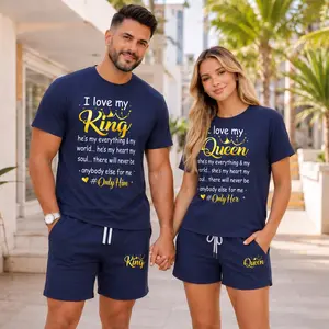 Couples’ Matching King Queen Crown Print Outfit, Short Sleeve T-Shirt and Shorts Set, Casual Summer Two-Piece Set for Beach and Travel