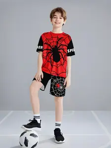 Boys Summer Spider Web Full Print Set, Colorblock Design Short Sleeve Shorts, Casual Fitted Sportswear for Daily Wear
