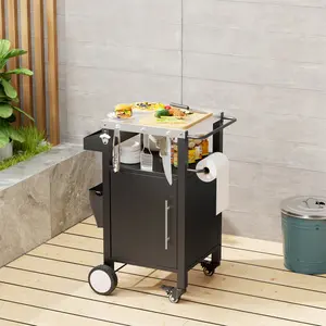 ARCH Outdoor Grill Cart with Patio Furniture, Outdoor Grill Table with Storage,Rolling Bar Cart Outdoor BBQ Cart with  Hooks and Spice Rack for Grilling Accessories, Black    RR