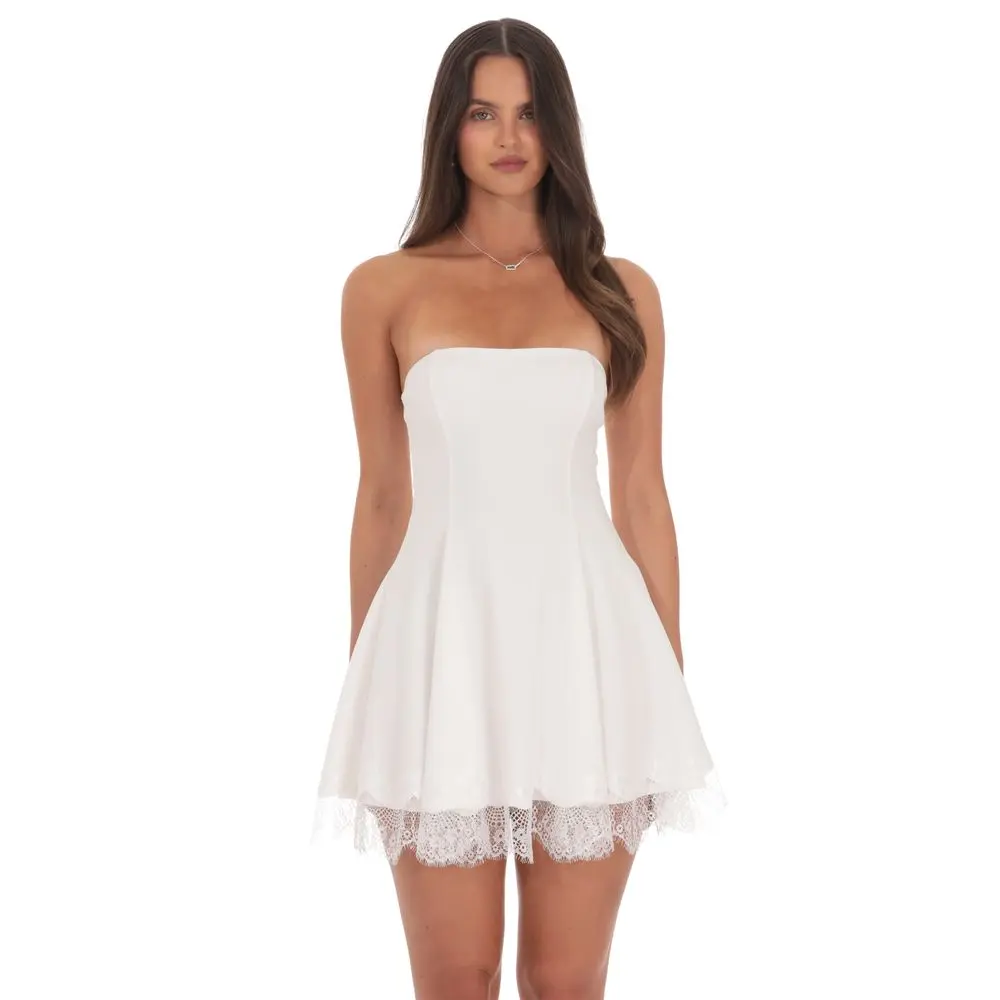 Strapless Mini Dress with Lace-trim Hem