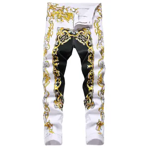 Men's fashion printed jeans, slim-fit jeans, straight-leg jeans