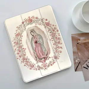 Elegant Floral Mother Mary Design Folding Case for iPad, Transparent Acrylic Hard Back, Pencil and Charger Slots, Ultra-Thin Shockproof Cover for iPad 10.2inch 2019/2021, Mini, Pro, Air