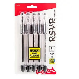 Pentel R.S.V.P. Fine Point Ballpoint Pens, 0.7 mm, Clear Barrel, Black Ink, Pack of 5