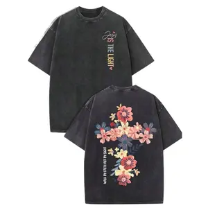 Religious "Jesus Is The Light" Floral Cross Graphic Tee: Featuring Distressed Vintage Finish,Crafted From Breathable 100% Cotton,And Floral Vibes Into Outfits During Easter Celebrations
