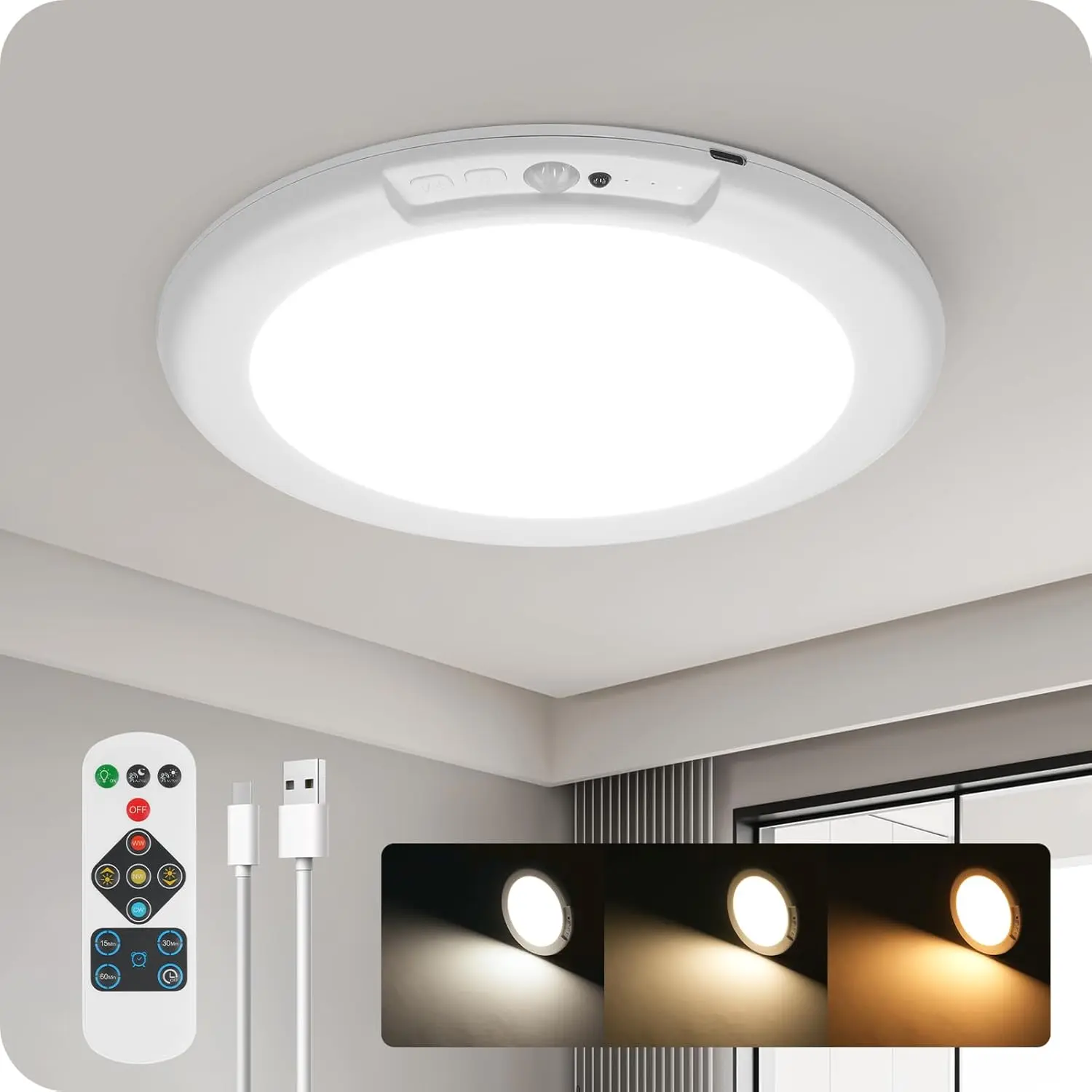Smart Motion Sensor LED Ceiling Lamp - Dimmable, 3-Color, Remote-Control LED Lights with Plastic Body & Bright Lighting for Bedroom, Bathroom (Home & Party Gift Supplies)