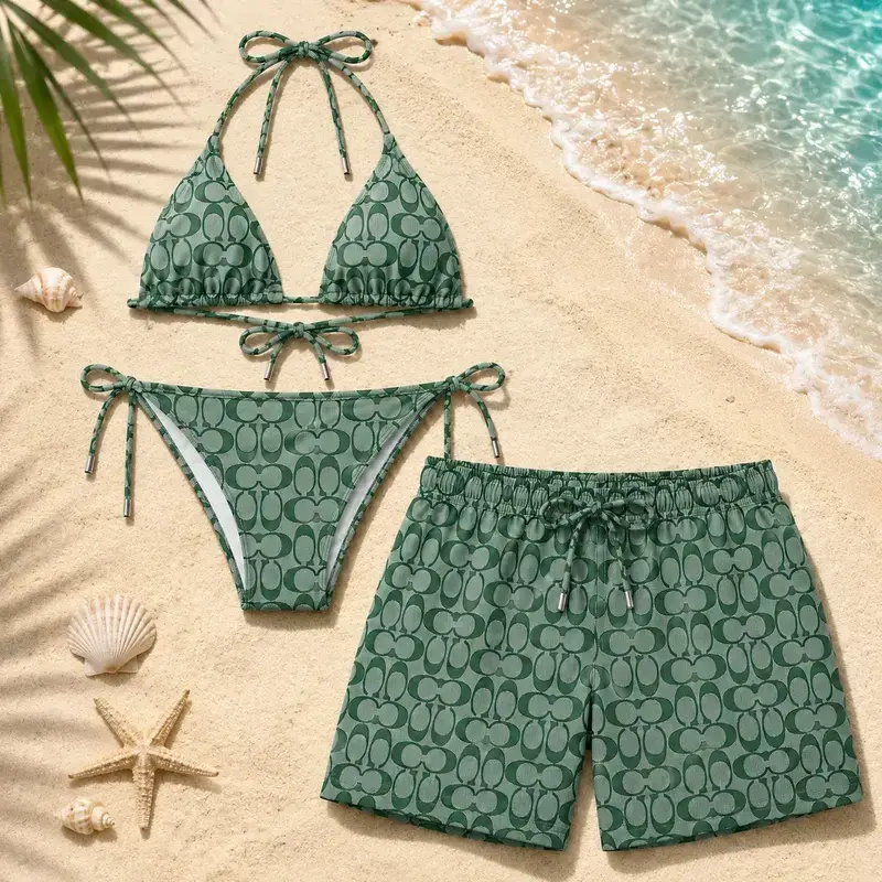 Letter C Green Matching Couple Swimwear Set 2026, Viral Couple Bikini & Men’s Shorts, Beach Vacation Gift for Him Her