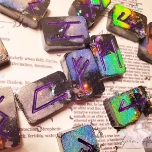 Black Holographic Resin Rune Set - Mystical Divination Tools with Full Elder Futhark Runes & 1 Blank, Hand-Poured in Deep Black Resin with Holographic Glitter
