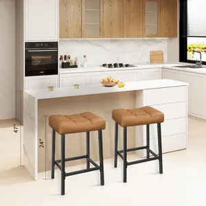 Bar Stools Set of 2, 24 Inch Backless Saddle Bar Stools, Double Needle Upholstered Padded Saddle Metal Stools for Kitchen Counter