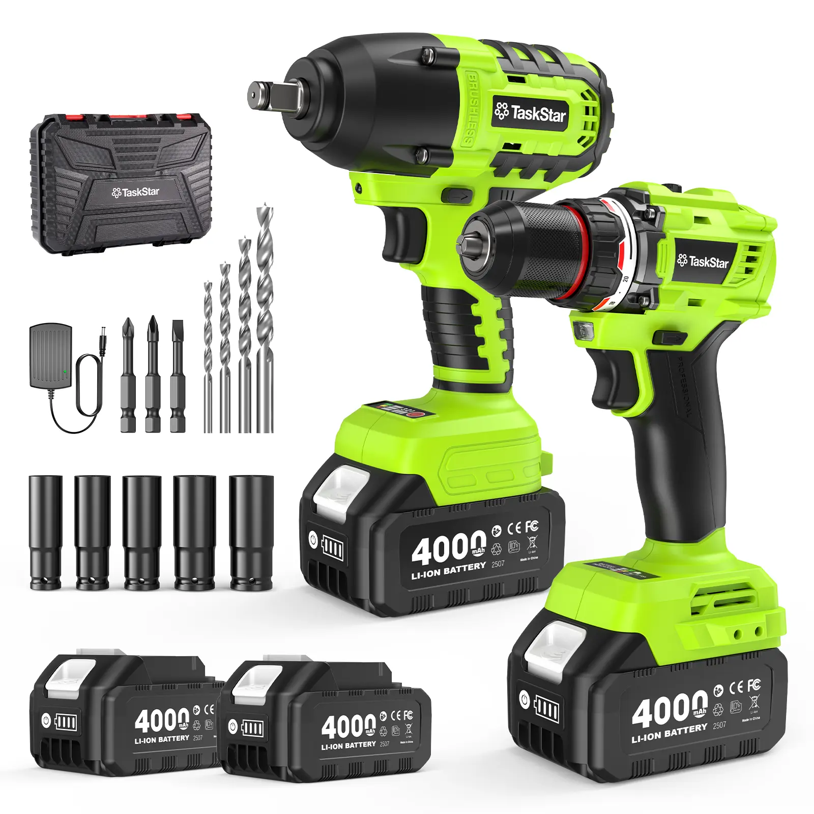 Taskstar 21V 800N.M Max Torque 1/2" Cordless Impact Wrench And 3/8" 80N.M Brushless Power Drill Combo Kit, With 2x 4.0Ah Batteries, 5 Sockets, Fast Charger, Car Repair, Home Renovation, Heavyduty Repa,DIY, Christmas Gift For Man