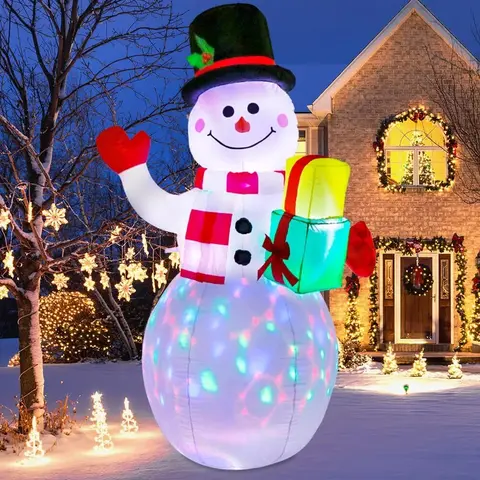 5FT Polyester Christmas Inflatable Snowman - Festive Home Decoration, 360 Rotation Colorful LED Lights, Waterproof Holiday Party Decor, Plug-In with Stakes & Ropes, Indoor/Outdoor Gift