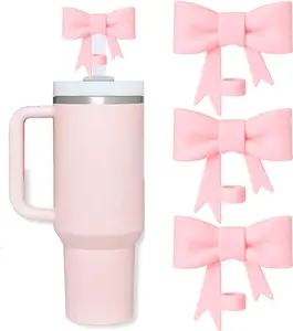Bow Straw Covers Cap Toppers Compatible with Stanley 30&40 oz Tumbler Cups, Cute Pink 10mm Reusable Silicone Straw Topper for Stanley Tumbler with Handle, Stanley Cup Straws Accessories,3Pcs…