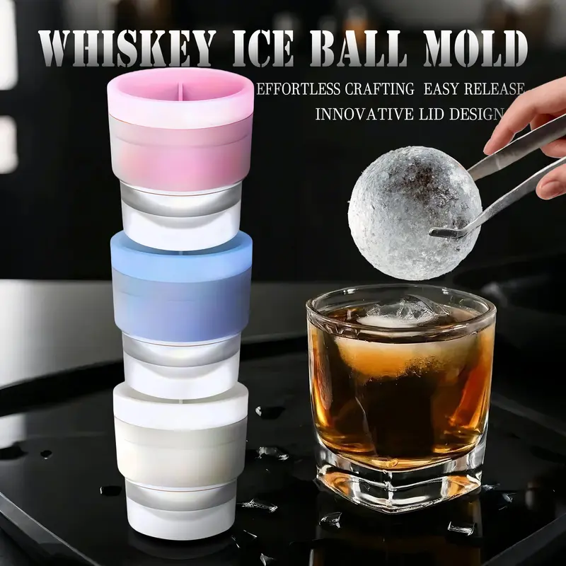 3-Pack Food-Safe TPE Reusable Silicone Round Ice Ball Molds - 2.5-inch Slow-Melting Stackable Trays with Easy Removal, Bar Utensils for Whiskey, Bourbon, Drink Less Dilution