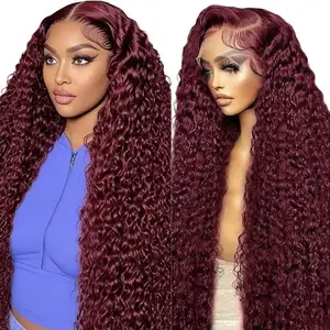 99J Burgundy 13x6 Deep Wave HD Lace Front Wig Brazilian Virgin Human Hair Pre Plucked with Baby Hair Curly Wig for Women Natural Look