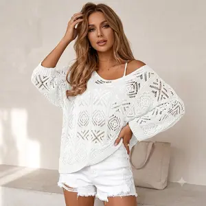 Women's Crochet Knit Sweater Hollow Out Tops Oversized Batwing 3/4 Sleeve Pullover Boho See Through Knitwear Jumper (Black, White, Apricot)