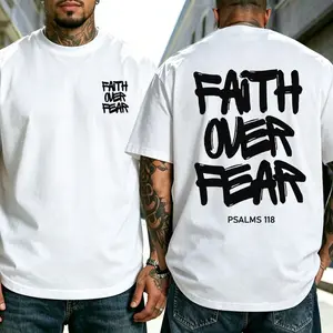 Men’s oversized Christian T-shirt, “Faith Over Fear Psalms 118” graffiti print, casual black crewneck streetwear tee for young believers tiktokshopspringglowup