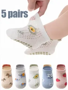 5 Pairs Children Socks Baby Walking Socks Thin Mesh Breathable Non-Slip Floor Socks Cartoon Pattern Animal Print Boys Short Socks
