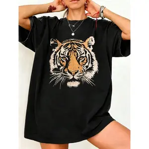 Lady's Essential Vintage Tiger Head Graphic T-Shirt - Oversized Short-Sleeve, Casual, Lightweight, Smooth Fabric Top with Round Neck Style