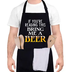 Funny Apron for Men-If You're Reading This Bring Me A Beer Adjustable Kitchen Black BBQ Grilling Cooking Chef Apron with Pockets for BBQ Grilling Cooking Waterproof Grill Daddy Gift for Father Husband Boyfriend