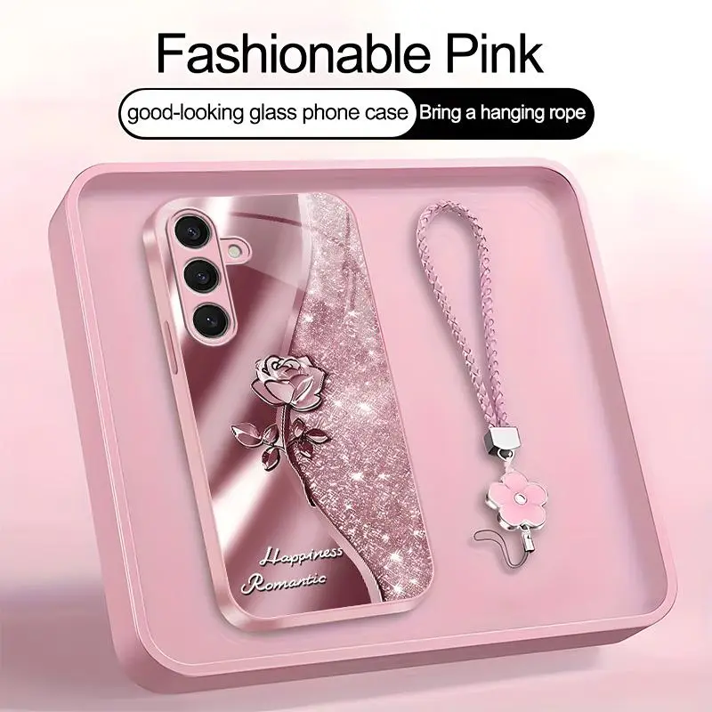 Suitable for [Galaxy S24 Plus] high-end phone case，a beautiful four-leaf clover lanyard is included,printed case, no glitter，exquisite high-quality rose pattern,a variety of colors are available for you to choose from YM99