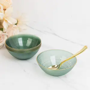 20-Pack Plastic Bowls 16oz – Transparent Dusty Sage Green with Gold Rim, Elegant Crystal-Like Swirl Disposable Bowls