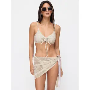 Cider Sweetheart Neck Geometric Print Bracelet Top & Tie Side Bikini Bottom With Sarong 3 Piece Bikini Set