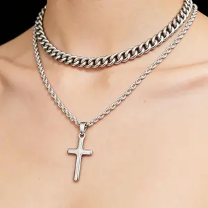 Layered Cuban Link Chain Cross Necklace - Stainless Steel 31cm Chain - Daily Wear & Party Punk Jewelry