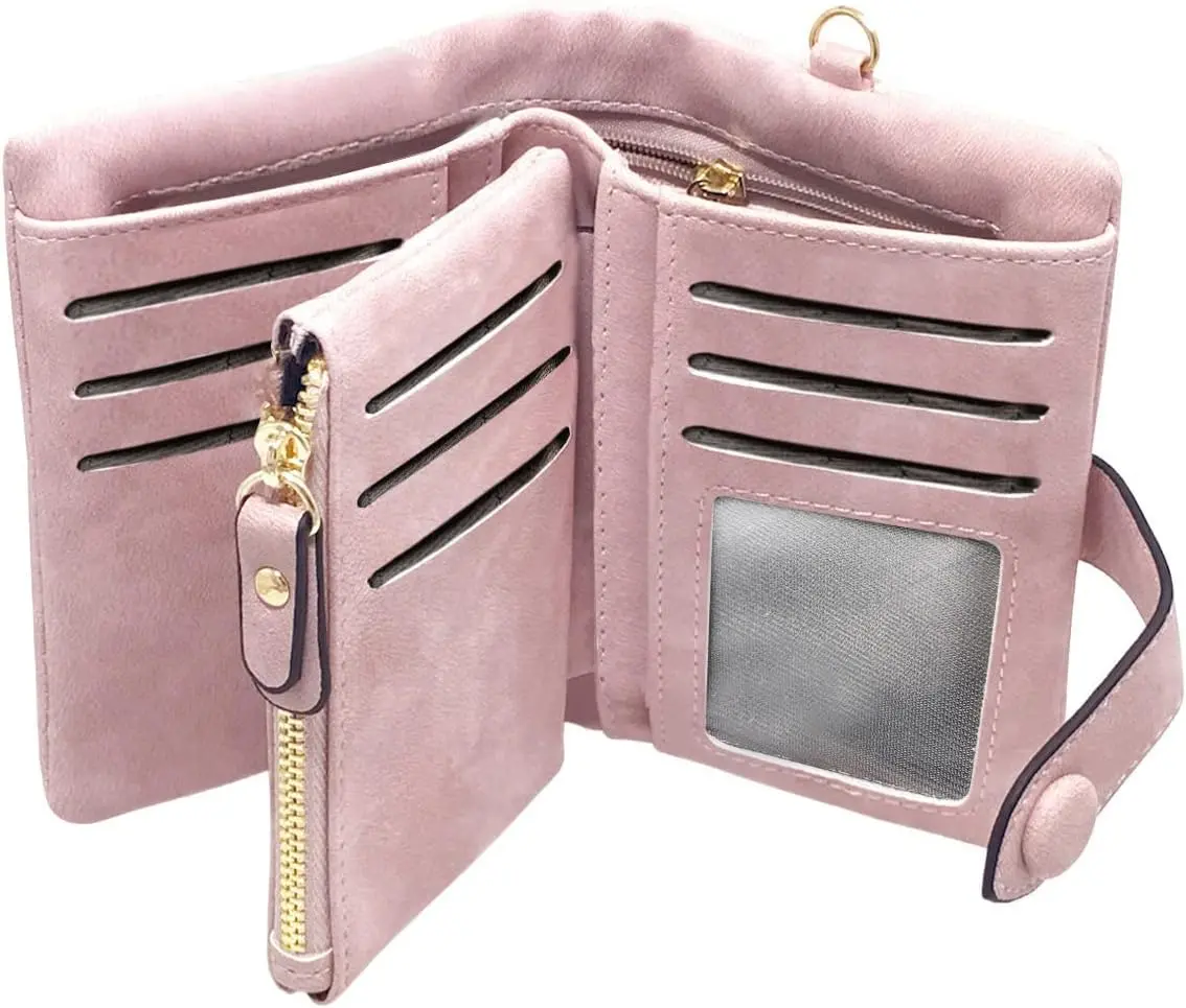 Small Rfid Soft Leather Ladies Trifold Wallets Billfolds Mini Wristlet Clutch Cute Zipper Coin Purse with Wrist Strap (Pink)