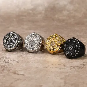 Trendy brand hip-hop compass men's titanium steel ring, niche ins punk style personality diamond-encrusted index finger ring
