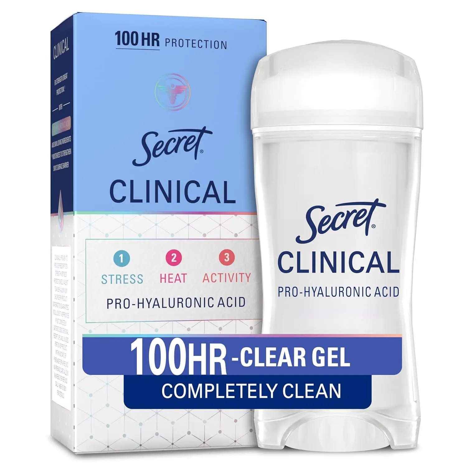 Secret Clinical Strength 100HR Sweat & Odor, Clear Gel Antiperspirant Deodorant for Women, 3X Stress Protection with Hyaluronic Acid, PH Balancing Minerals, Completely Clean Scent, 2.6 oz