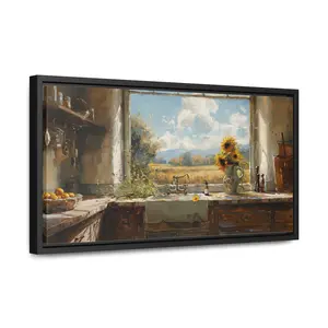 Rustic Italian Kitchen View Oil Painting Style Print - Summer Countryside Wall Art - Vintage Tuscan Home Decor - Wrapped Canvas - Framed