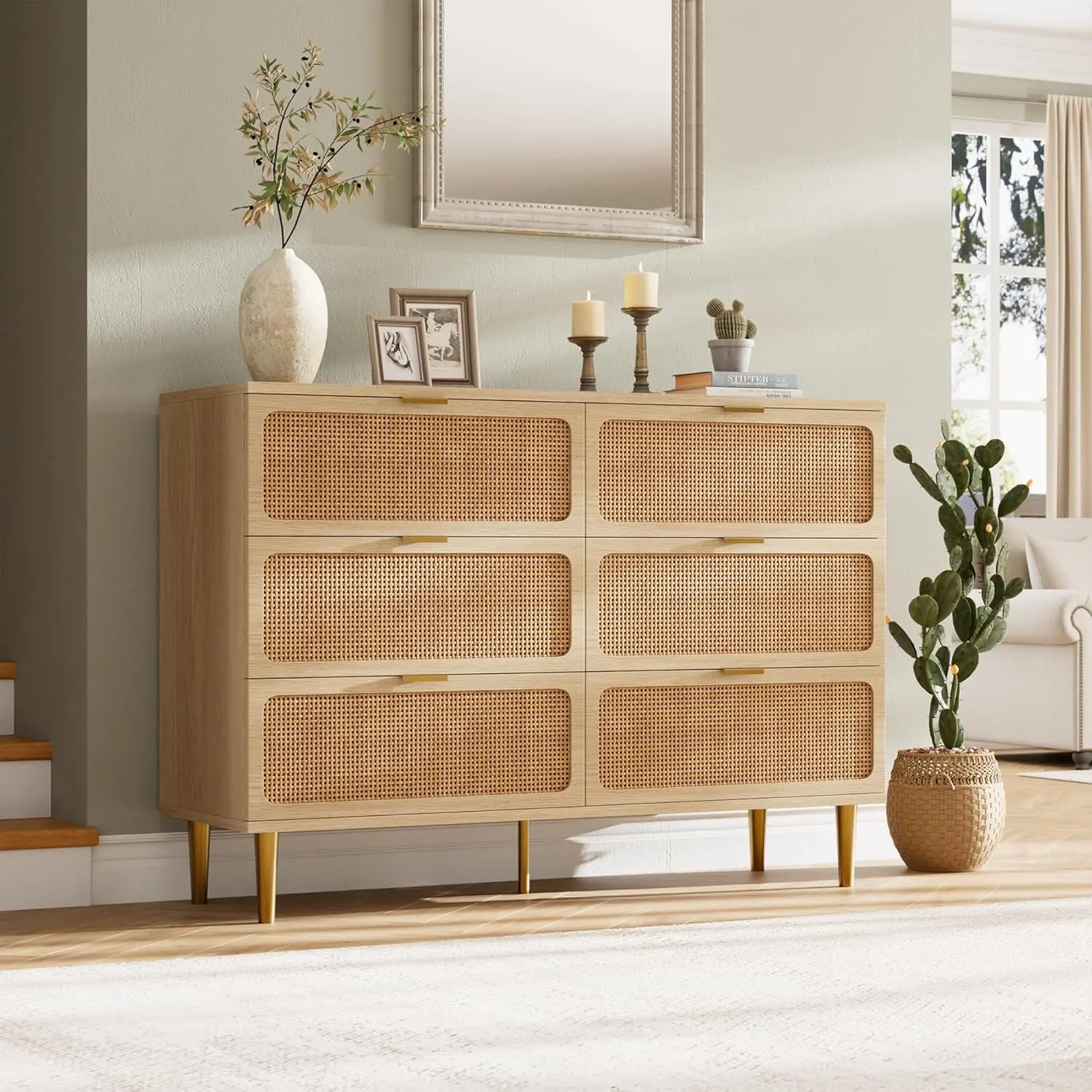 Natural Rattan 6 Drawer Dresser with Metal Handles and Storage ...