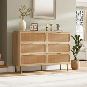 Natural Rattan 6 Drawer Dresser with Metal Handles and Storage Compartments for Bedroom and Living Room Wood Cabinet Chest