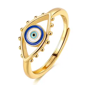 LAZA 925 Silver Gold Plated Evil Eye Ring, Blue Enamel Adjustable Lucky Ring, Spiritual Protection Jewelry Gift for Women & Girls