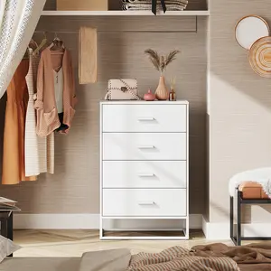 WLIVE Wood Dresser for Bedroom with 4 Drawers, Tall Chest of Drawers with Sturdy Metal Frame for Living Room, Hallway, Closet