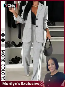 【Marilyn's Exclusive】Valentine's Day Women's Striped Print Blazer Jacket & Wide Leg Pants Set, Everyday Casual Fitted Suit for All Seasons, Chic Stylish Ladies' Clothing Ensemble