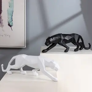 Modern Abstract Resin Panther Statue - Geometric Leopard Figurine for Living Room, Bookshelf, and Entryway Decor Ornaments Black