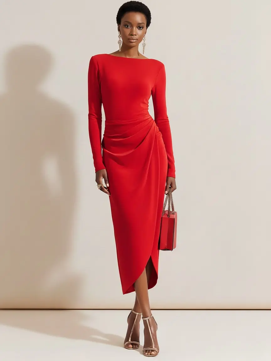 FEHAUTE Women's Red Polyester Long-Sleeve Midi Dress, Asymmetrical Hemline, Hand Wash, Statement Look for Cocktail Evening Formal Occasions Womenswear Formal Wear