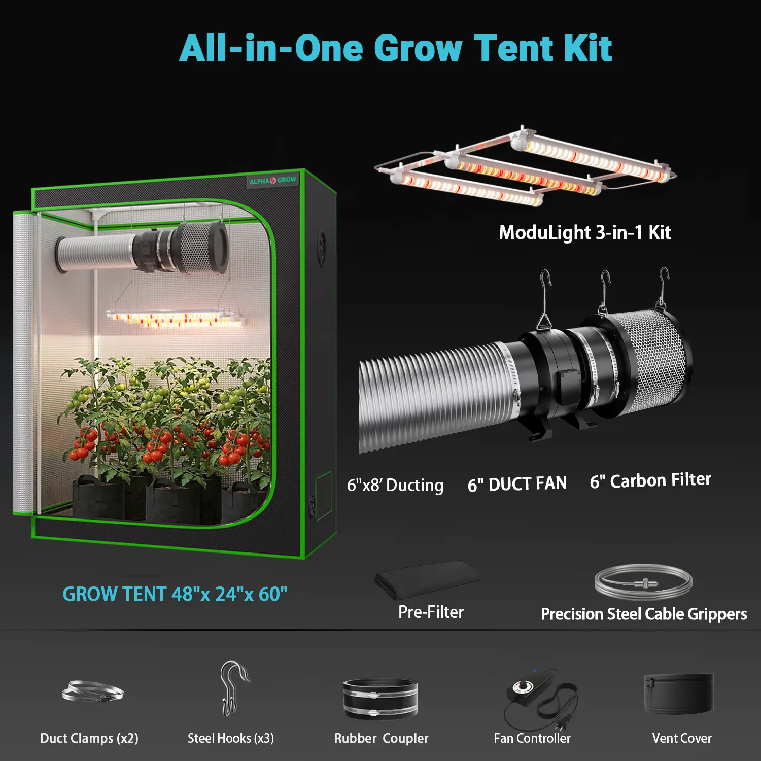 2x4 1800D Tent+6'' Complet Kit