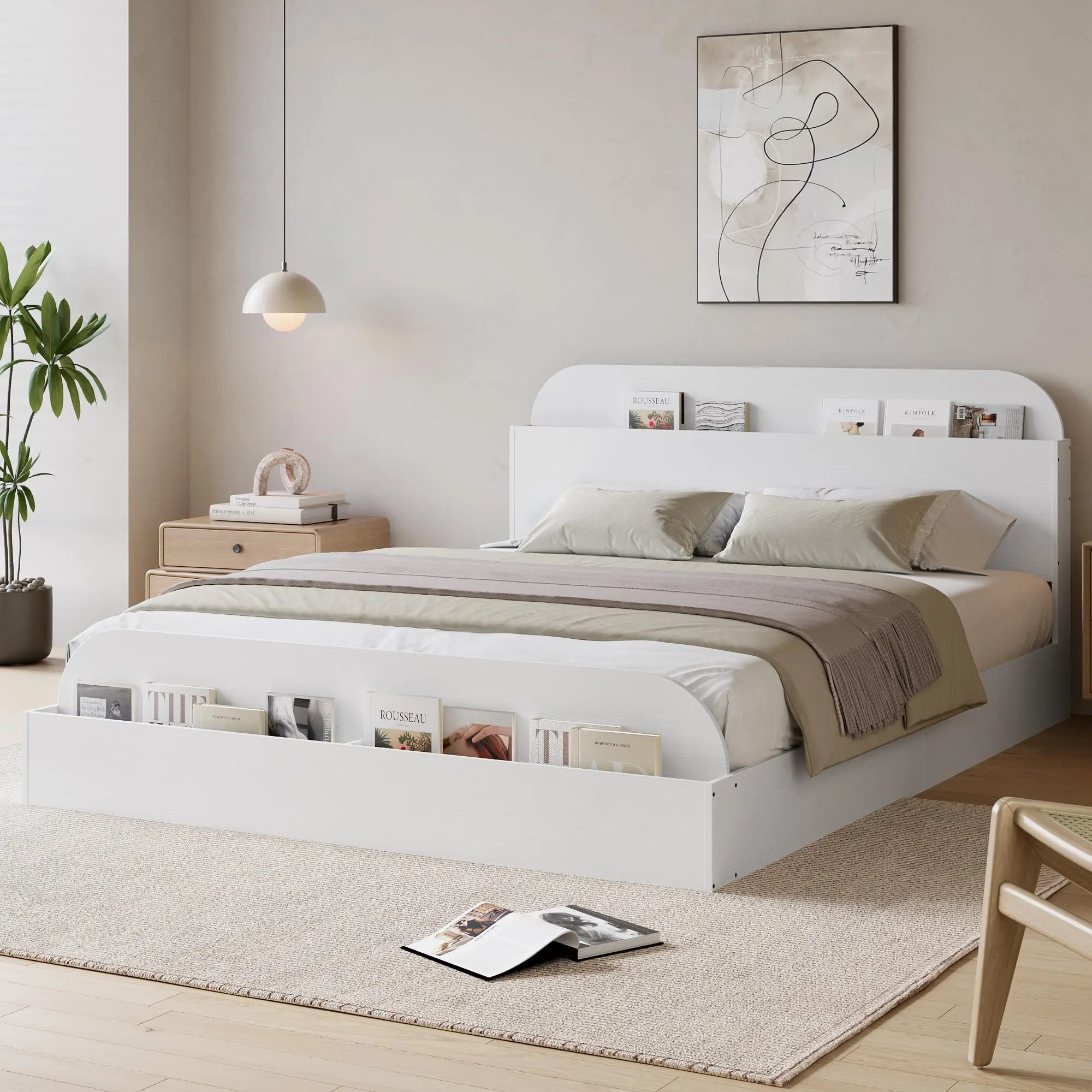 Low Profile Headboard Bed Frame - Sturdy Natural Wood Platform with Storage Headboard, Raised Footboard, Slat Support, No Box Spring Needed, Assembly Required