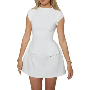 Women’s Summer Mini Dress, Solid Color, Hat Sleeve, A-Line, Fashionable, Zipper, Faux Pockets, Short Skirt GARMENTARY