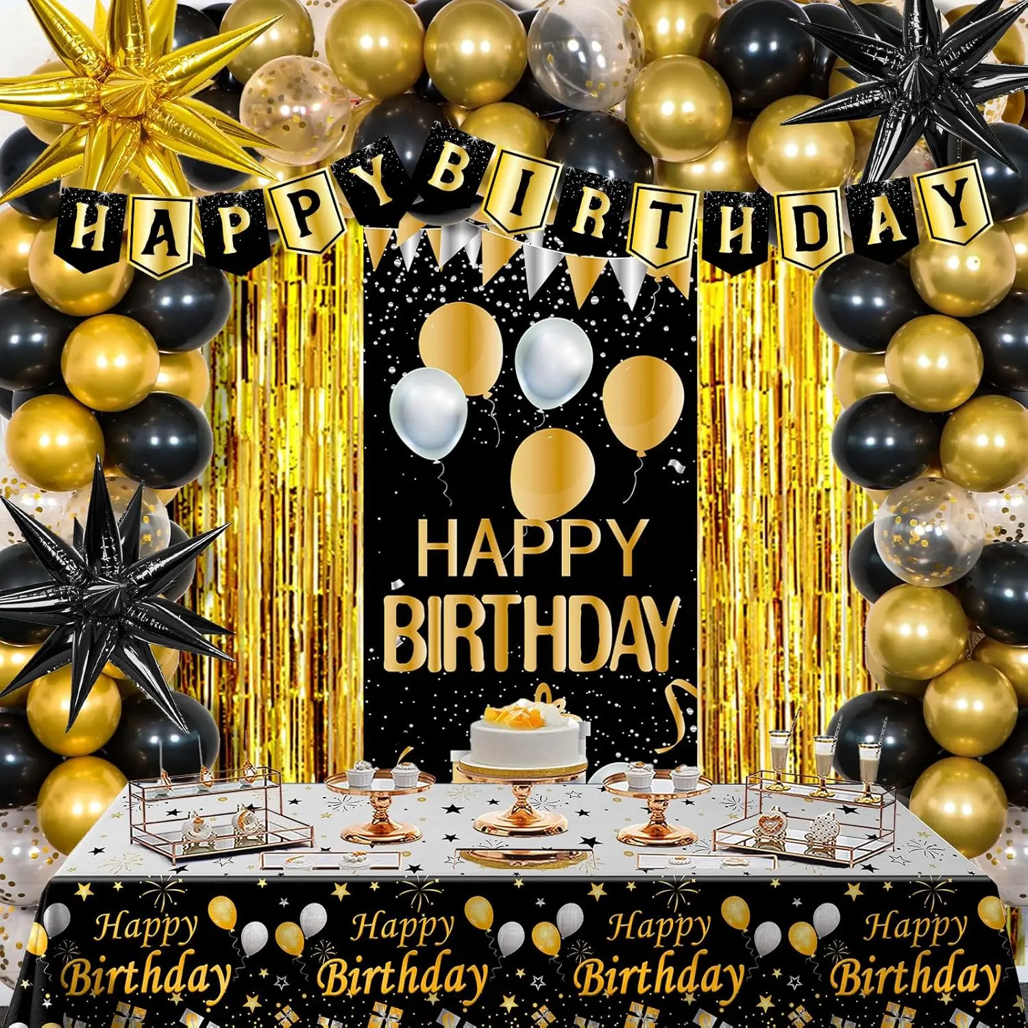 Black Gold Birthday Decoration Kit with Banner, Balloons, Backdrop & Table Decor for Men's Party Supplies
