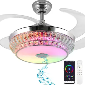 Retractable Ceiling Fan with Lights, Bluetooth Ceiling Fan with Speaker and Remote/APP Control, RGB Dimmable Light 6 Speeds Modern Design Music