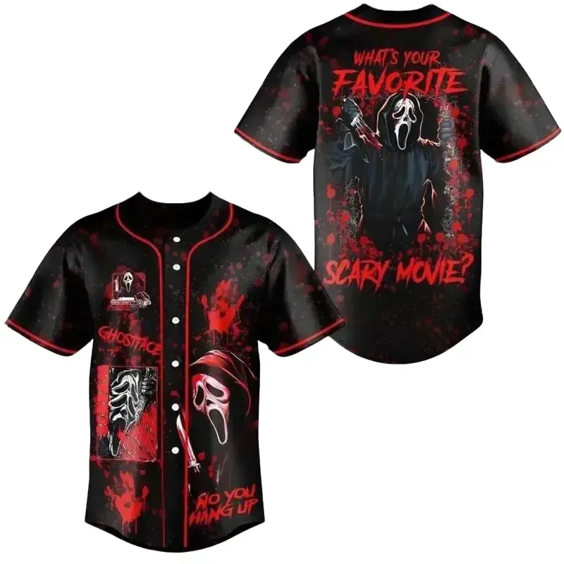 Vintage 90s Horror Mask Baseball Jersey, Halloween Slasher Movie Inspired Button Jersey, Unisex Fan Gift