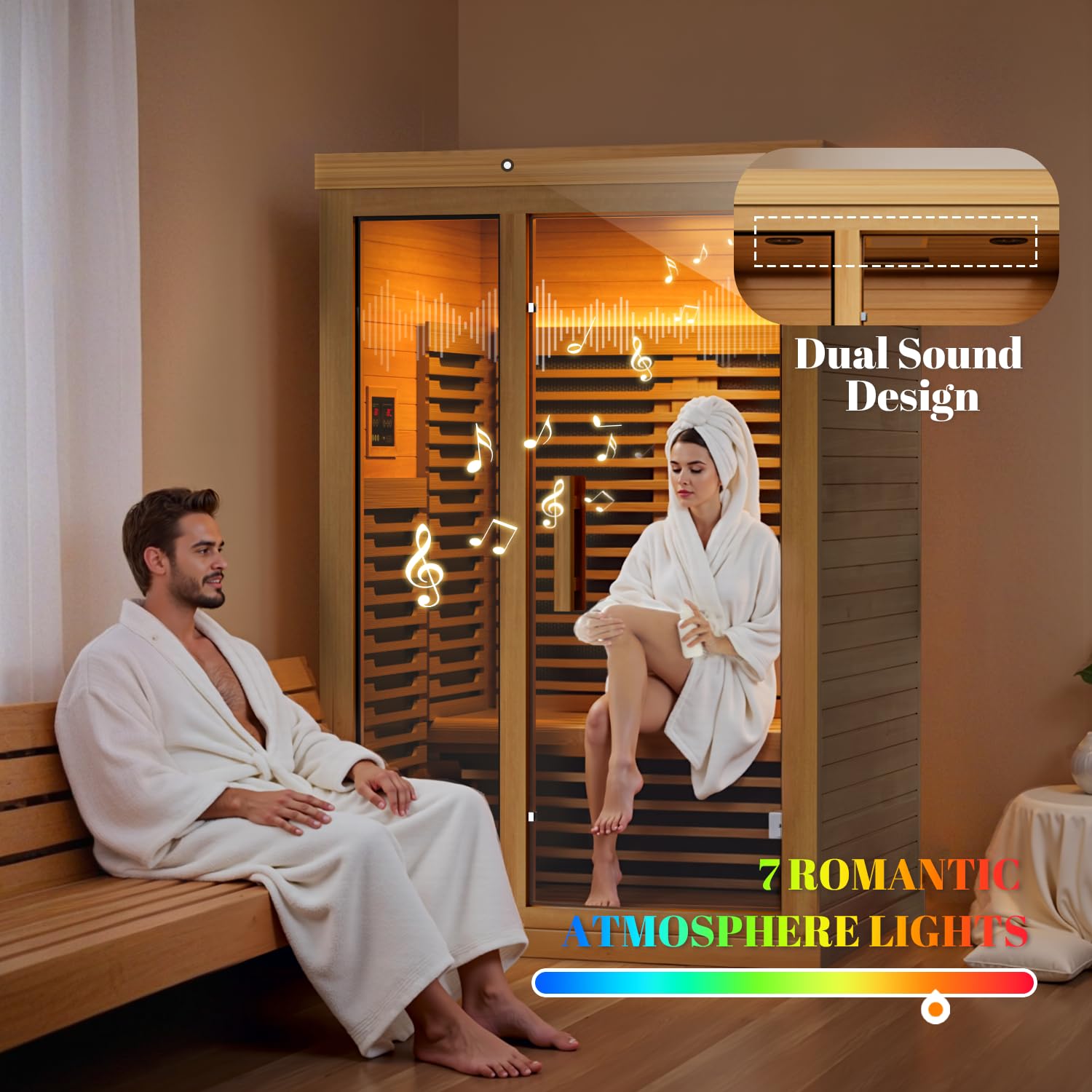 MANASTIN Infrared Wooden Sauna Low EMF- Home Infrared Saunas up to 2 Person, Full Spectrum Infrared Sauna, Dual Tempered Glass & Bluetooth Speakers - Indoor Sauna 2000W