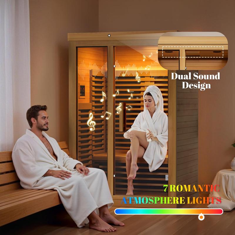 MANASTIN Infrared Wooden Sauna Low EMF- Home Infrared Saunas up to 2 Person, Full Spectrum Infrared Sauna, Dual Tempered Glass & Bluetooth Speakers - Indoor Sauna 2000W