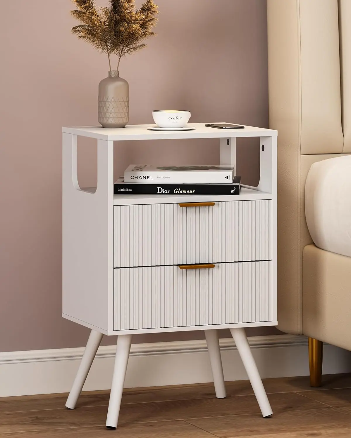 Modern White Pine Nightstand - Small Side Table with 2 Storage Drawers, Open Shelf, 15.7" W x 11.8" D x 25.2" H, Anti-Slip Rubber Pads, Durable, Easy Assembly & Cleaning, for Small Bedrooms (Indoor Furniture, Tables & Desks), Assembly Required, Easy Assem
