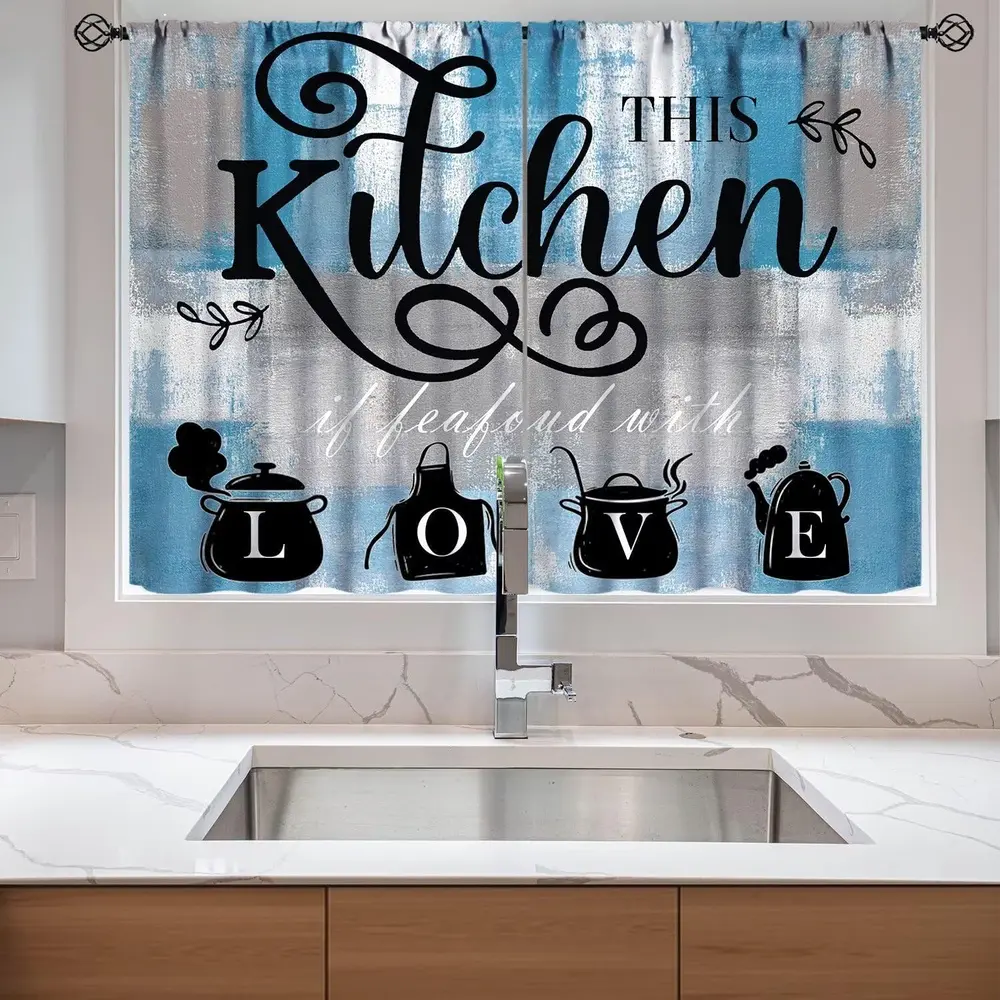 Abstract Blue Gray Kitchen Curtains Vintage Farmhouse Art Printed Window Drapes for Kitchen Cafe Decor Fabric Home Textile