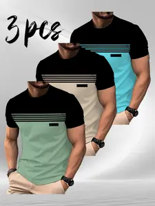 3-Pack Mixed Print Striped Short-Sleeve Men'S Ultra-Light Round-Neck Classic T-Shirts - Quick-Drying, Breathable, Sweat-Absorbing Shirts, Perfect for Summer Casual Wear, Streetwear, a Great Gift for Men, Menswear